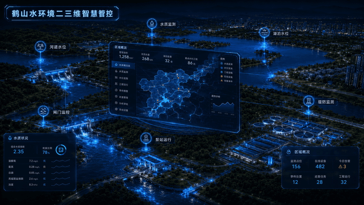 鹤山水环境二三维智慧管控示意图