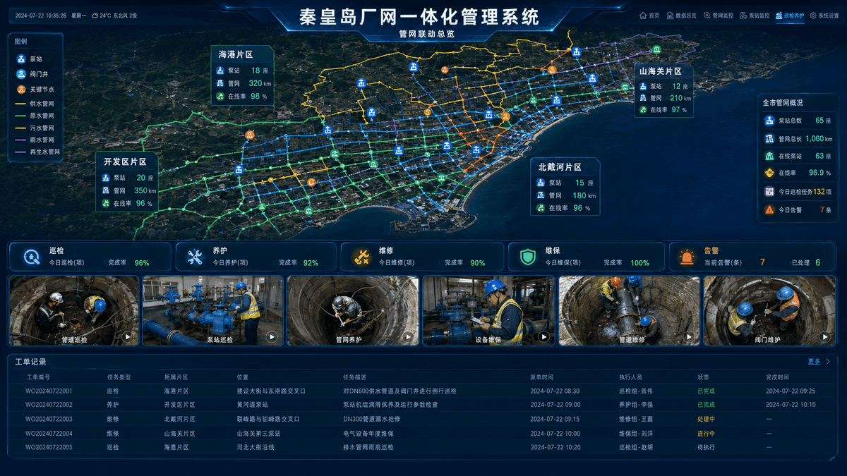 泵站管网巡检养护:全市管网一张图,泵站、管网、阀门井巡检养护任务与完成率实时掌握