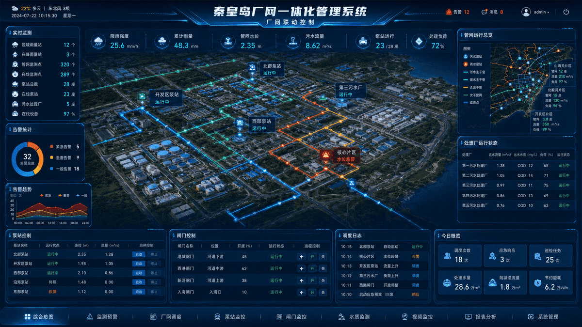 厂网一体化调度:一张图联动泵站、闸门与污水厂,实时监测、预警响应与精准调度